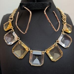 #41. TRENDING! AnnTaylor Statement Gold Necklace . Glass Stones & Square Hoops